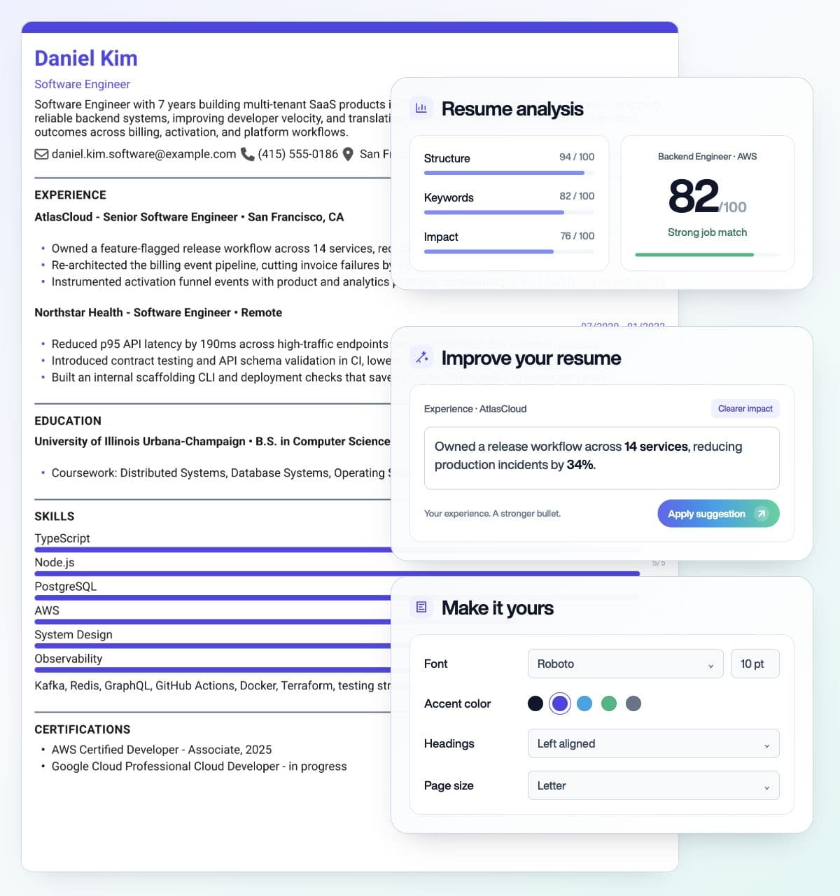 Real LandFast Classic resume template with panels for resume analysis, content improvement, and formatting. Scores are illustrative.