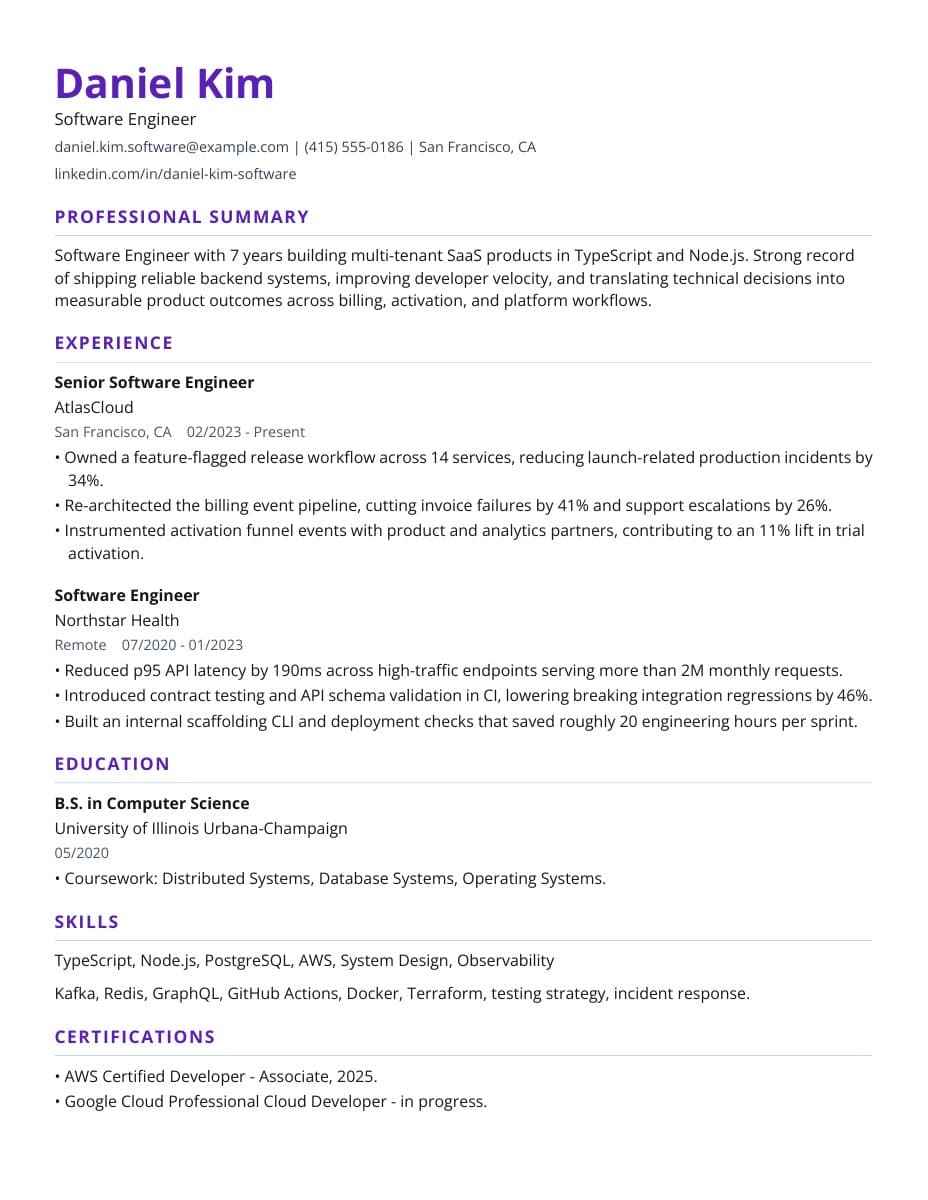 First page of a sample resume in the Design-forward template