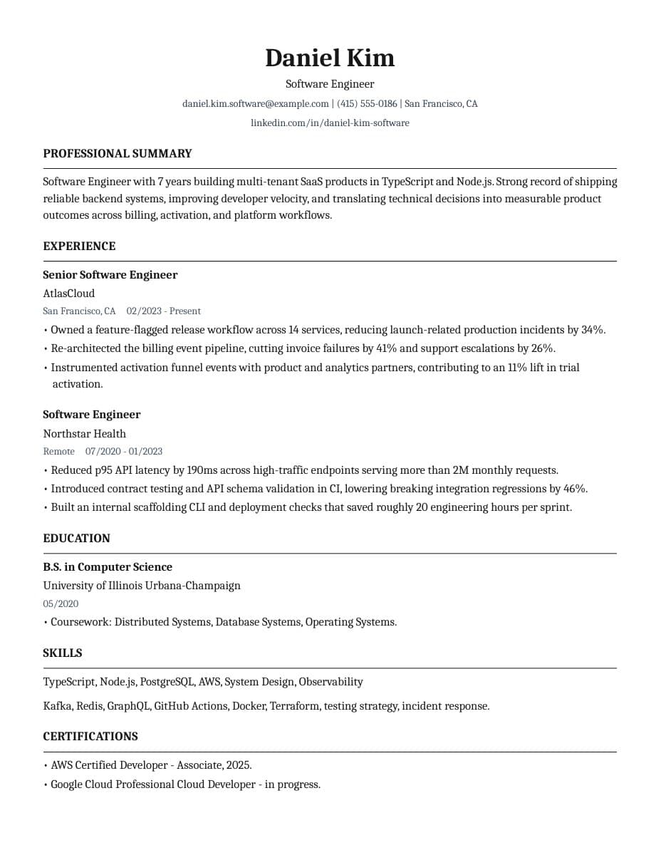 First page of a sample resume in the Harvard Resume template