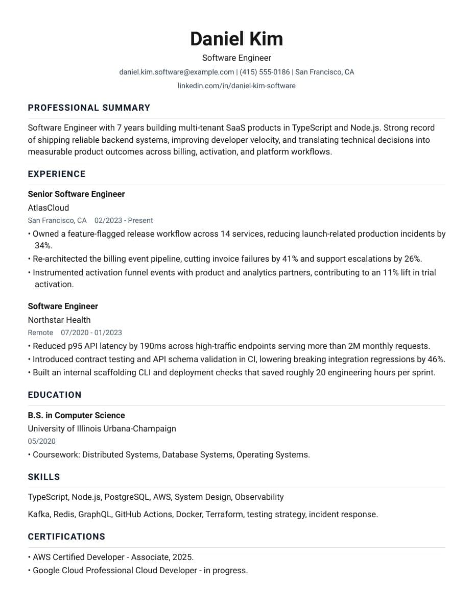 First page of a sample resume in the LandFast ATS template