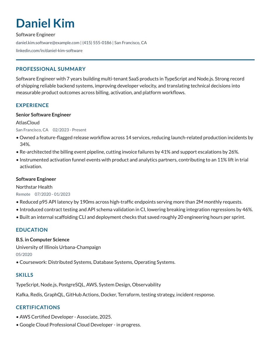 First page of a sample resume in the Modern spotlight template
