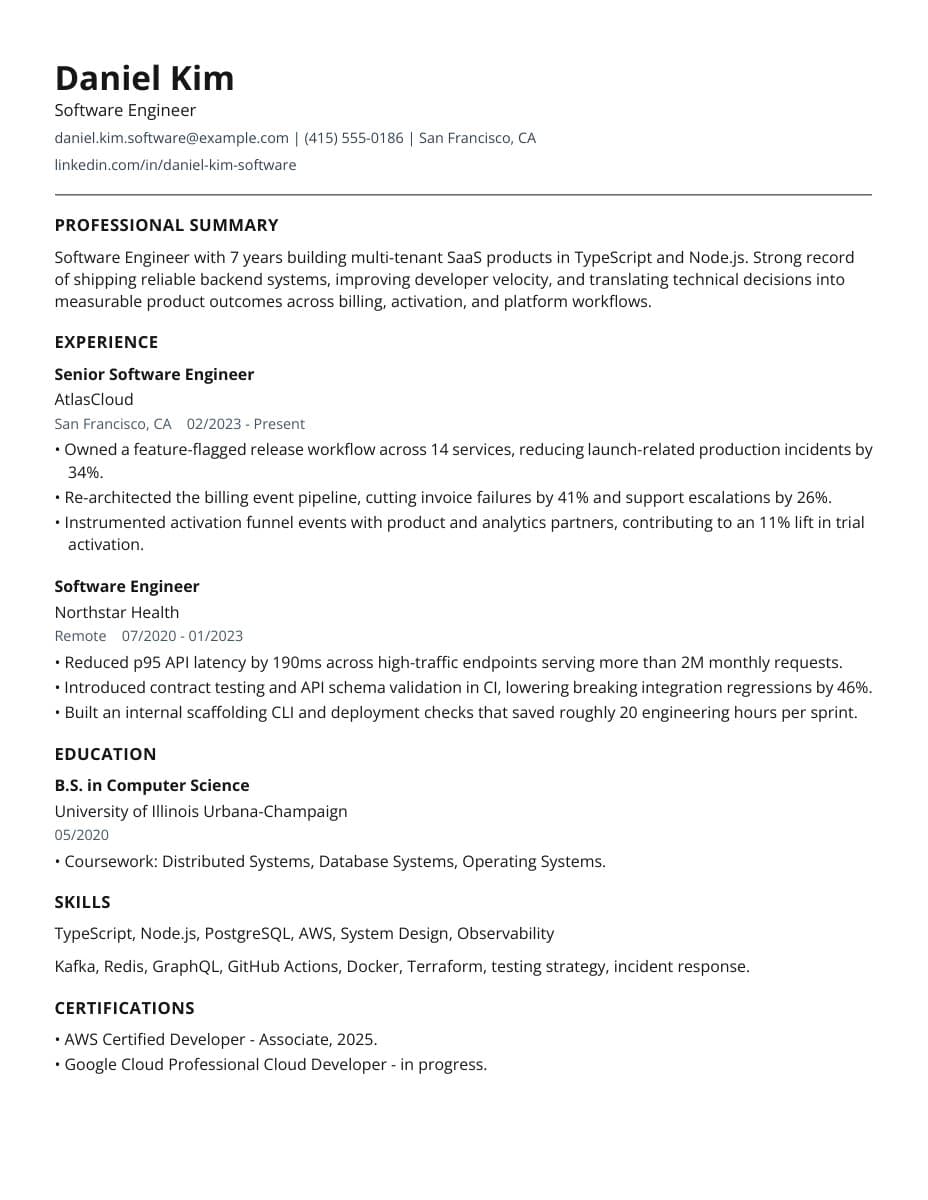 First page of a sample resume in the Compact template